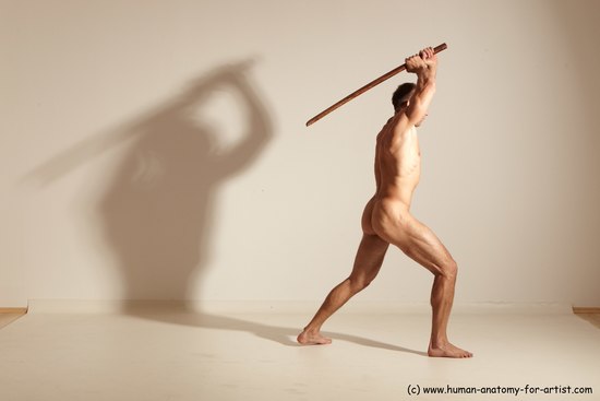 Nude Fighting with sword Man White Standing poses - ALL Muscular Short Brown Standing poses - simple Dynamic poses Realistic