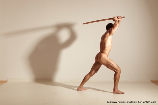 Nude Fighting with sword Man White Standing poses - ALL Muscular Short Brown Standing poses - simple Dynamic poses Realistic