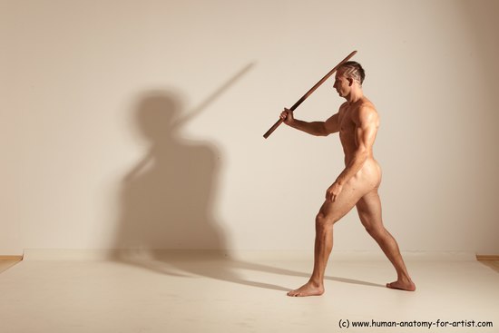 Nude Fighting with sword Man White Standing poses - ALL Muscular Short Brown Standing poses - simple Dynamic poses Realistic