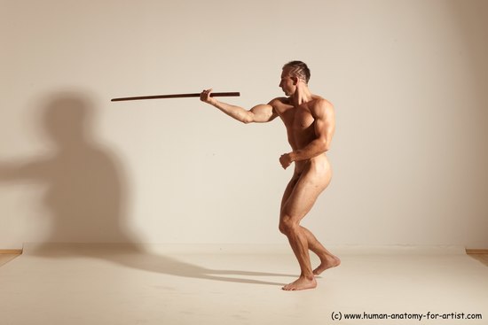 Nude Fighting with sword Man White Standing poses - ALL Muscular Short Brown Standing poses - simple Dynamic poses Realistic