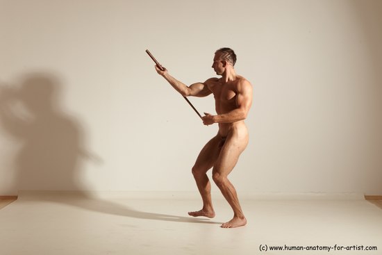 Nude Fighting with sword Man White Standing poses - ALL Muscular Short Brown Standing poses - simple Dynamic poses Realistic