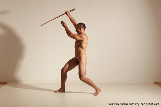 Nude Fighting with sword Man White Standing poses - ALL Muscular Short Brown Standing poses - simple Dynamic poses Realistic