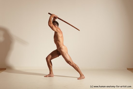 Nude Fighting with sword Man White Standing poses - ALL Muscular Short Brown Standing poses - simple Dynamic poses Realistic