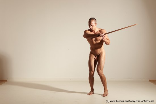 Nude Fighting with sword Man White Standing poses - ALL Muscular Short Brown Standing poses - simple Dynamic poses Realistic