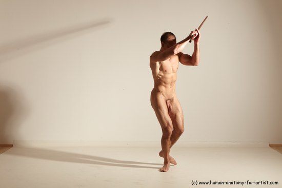 Nude Fighting with sword Man White Standing poses - ALL Muscular Short Brown Standing poses - simple Dynamic poses Realistic