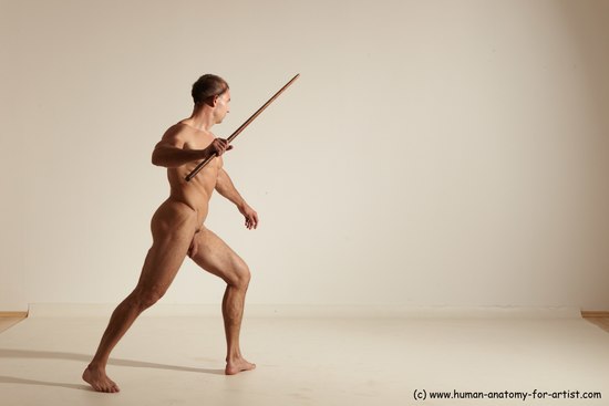 Nude Fighting with sword Man White Standing poses - ALL Muscular Short Brown Standing poses - simple Dynamic poses Realistic