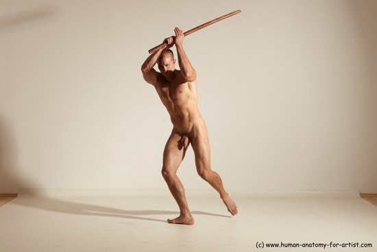 Nude Fighting with sword Man White Standing poses - ALL Muscular Short Brown Standing poses - simple Dynamic poses Realistic