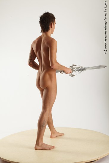 Nude Fighting with sword Man White Standing poses - ALL Athletic Short Brown Standing poses - simple Realistic