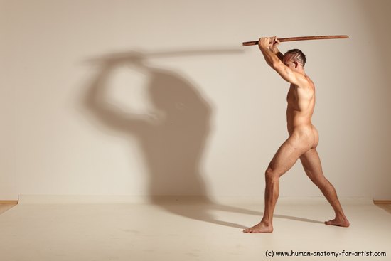 Nude Fighting with sword Man White Standing poses - ALL Muscular Short Brown Standing poses - simple Dynamic poses Realistic