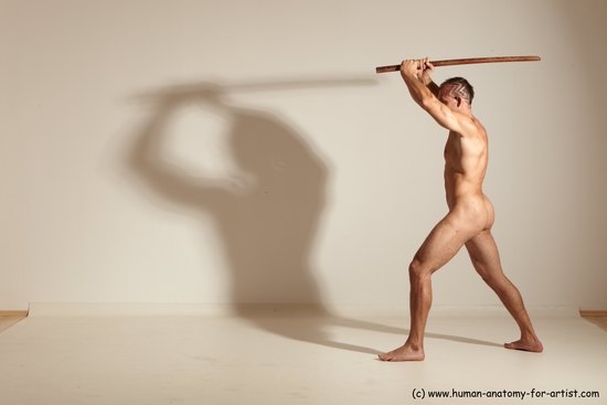 Nude Fighting with sword Man White Standing poses - ALL Muscular Short Brown Standing poses - simple Dynamic poses Realistic