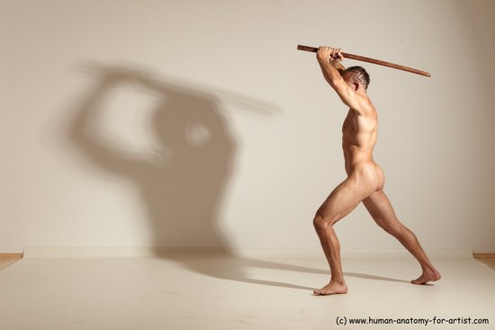 Nude Fighting with sword Man White Standing poses - ALL Muscular Short Brown Standing poses - simple Dynamic poses Realistic