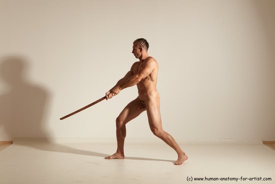 Nude Fighting with sword Man White Standing poses - ALL Muscular Short Brown Standing poses - simple Dynamic poses Realistic