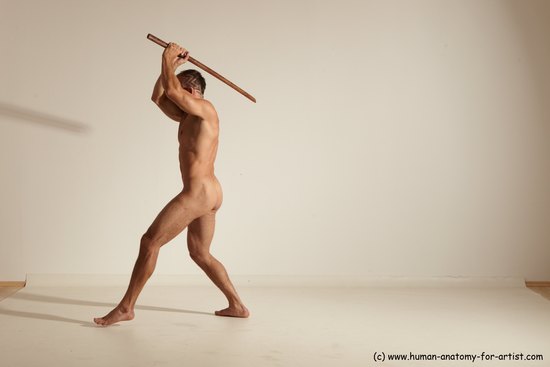 Nude Fighting with sword Man White Standing poses - ALL Muscular Short Brown Standing poses - simple Dynamic poses Realistic