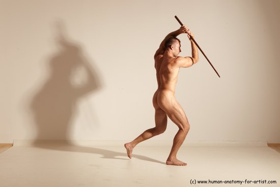 Nude Fighting with sword Man White Standing poses - ALL Muscular Short Brown Standing poses - simple Dynamic poses Realistic