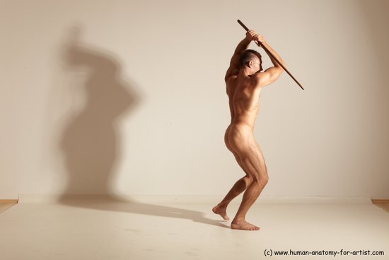 Nude Fighting with sword Man White Standing poses - ALL Muscular Short Brown Standing poses - simple Dynamic poses Realistic