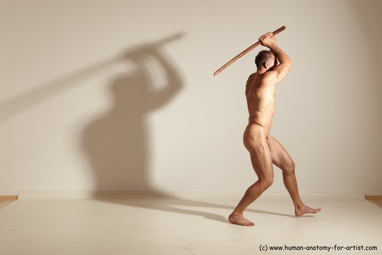 Nude Fighting with sword Man White Standing poses - ALL Muscular Short Brown Standing poses - simple Dynamic poses Realistic