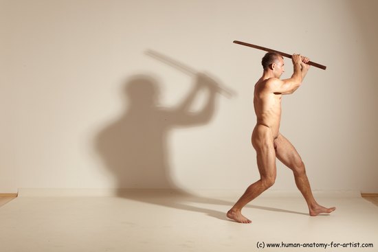 Nude Fighting with sword Man White Standing poses - ALL Muscular Short Brown Standing poses - simple Dynamic poses Realistic