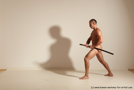 Nude Fighting with sword Man White Standing poses - ALL Muscular Short Brown Standing poses - simple Dynamic poses Realistic