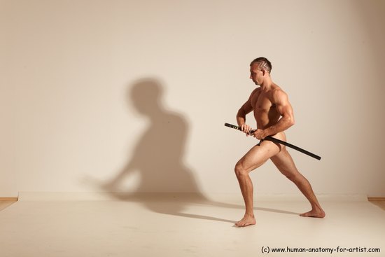 Nude Fighting with sword Man White Standing poses - ALL Muscular Short Brown Standing poses - simple Dynamic poses Realistic