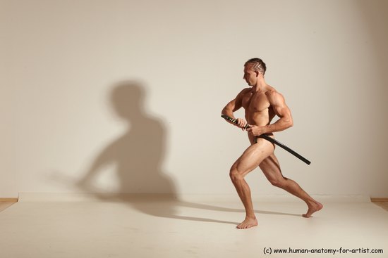 Nude Fighting with sword Man White Standing poses - ALL Muscular Short Brown Standing poses - simple Dynamic poses Realistic