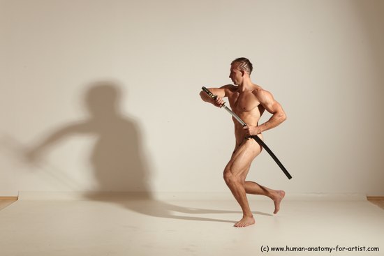 Nude Fighting with sword Man White Standing poses - ALL Muscular Short Brown Standing poses - simple Dynamic poses Realistic