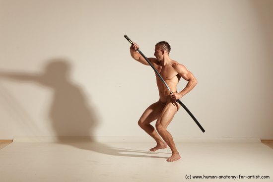 Nude Fighting with sword Man White Standing poses - ALL Muscular Short Brown Standing poses - simple Dynamic poses Realistic