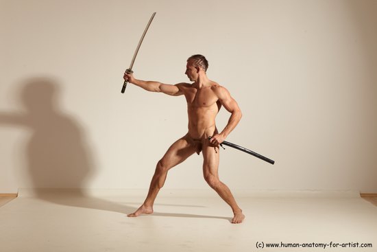 Nude Fighting with sword Man White Standing poses - ALL Muscular Short Brown Standing poses - simple Dynamic poses Realistic