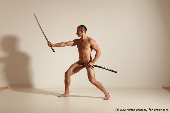 Nude Fighting with sword Man White Standing poses - ALL Muscular Short Brown Standing poses - simple Dynamic poses Realistic