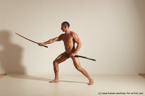 Nude Fighting with sword Man White Standing poses - ALL Muscular Short Brown Standing poses - simple Dynamic poses Realistic