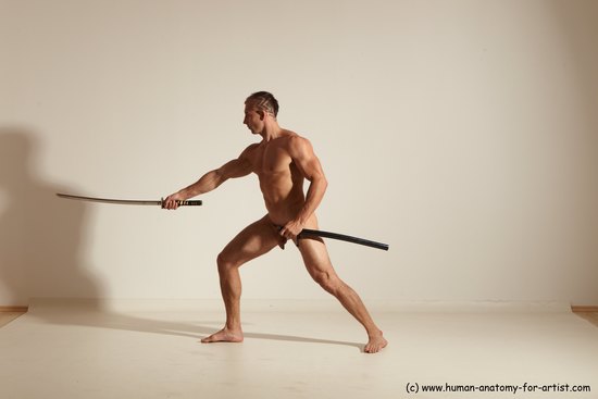 Nude Fighting with sword Man White Standing poses - ALL Muscular Short Brown Standing poses - simple Dynamic poses Realistic