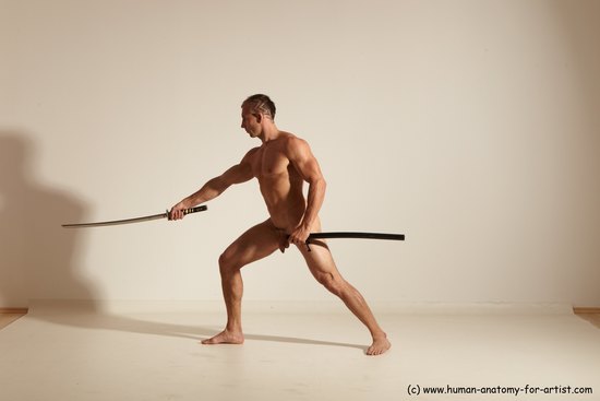 Nude Fighting with sword Man White Standing poses - ALL Muscular Short Brown Standing poses - simple Dynamic poses Realistic