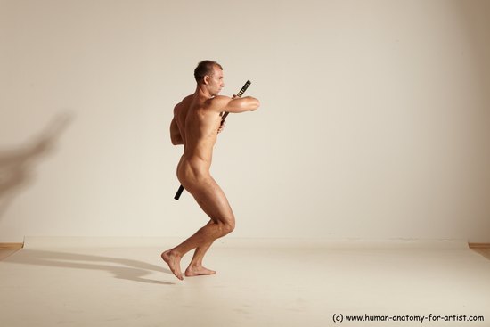 Nude Fighting with sword Man White Standing poses - ALL Muscular Short Brown Standing poses - simple Dynamic poses Realistic