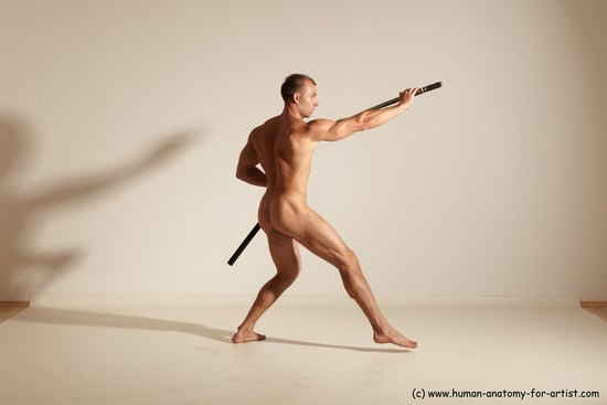 Nude Fighting with sword Man White Standing poses - ALL Muscular Short Brown Standing poses - simple Dynamic poses Realistic