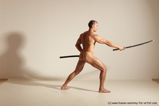 Nude Fighting with sword Man White Standing poses - ALL Muscular Short Brown Standing poses - simple Dynamic poses Realistic