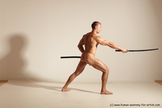 Nude Fighting with sword Man White Standing poses - ALL Muscular Short Brown Standing poses - simple Dynamic poses Realistic