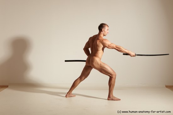 Nude Fighting with sword Man White Standing poses - ALL Muscular Short Brown Standing poses - simple Dynamic poses Realistic