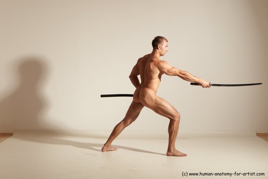 Nude Fighting with sword Man White Standing poses - ALL Muscular Short Brown Standing poses - simple Dynamic poses Realistic