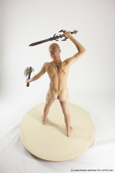 Nude Fighting with sword Man White Standing poses - ALL Slim Bald Standing poses - simple Multi angles poses Realistic