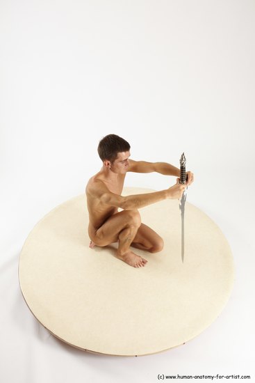 Nude Fighting with sword Man White Sitting poses - simple Athletic Short Brown Sitting poses - ALL Multi angles poses Realistic