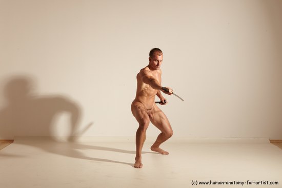 Nude Fighting with sword Man White Standing poses - ALL Muscular Short Brown Standing poses - simple Dynamic poses Realistic