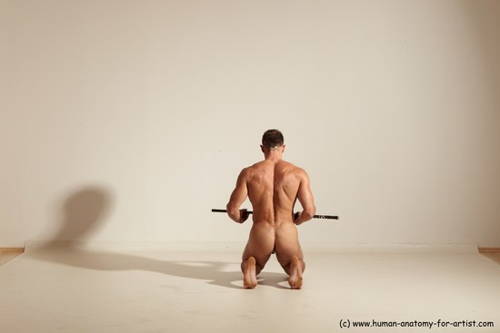 Nude Fighting with sword Man White Standing poses - ALL Muscular Short Brown Standing poses - simple Dynamic poses Realistic