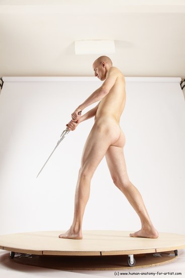 Nude Fighting with sword Man White Standing poses - ALL Slim Bald Standing poses - simple Multi angles poses Realistic