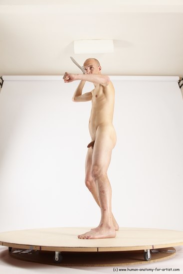 Nude Fighting with sword Man White Standing poses - ALL Slim Bald Standing poses - simple Multi angles poses Realistic