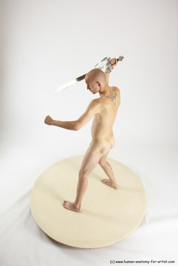 Nude Fighting with sword Man White Standing poses - ALL Slim Bald Standing poses - simple Multi angles poses Realistic