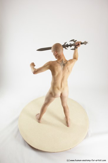 Nude Fighting with sword Man White Standing poses - ALL Slim Bald Standing poses - simple Multi angles poses Realistic