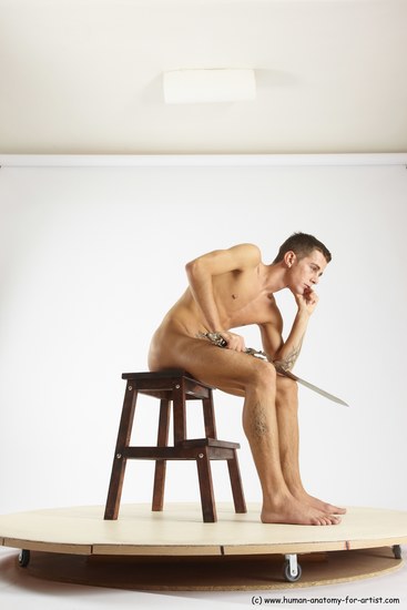 Nude Fighting with sword Man White Sitting poses - simple Athletic Short Brown Sitting poses - ALL Multi angles poses Realistic