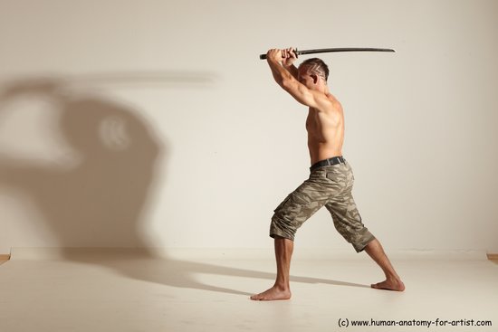 Fighting with sword Man White Moving poses Muscular Short Brown Dynamic poses Academic