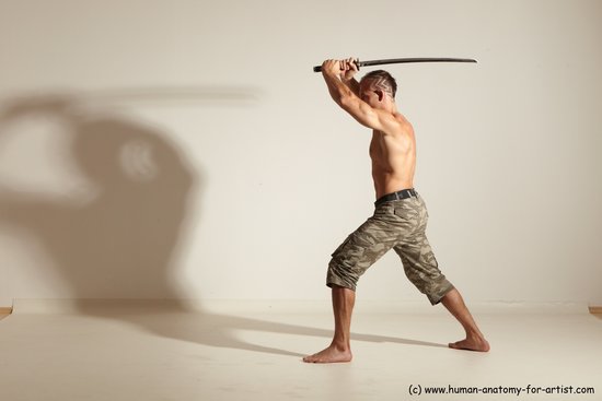 Fighting with sword Man White Moving poses Muscular Short Brown Dynamic poses Academic