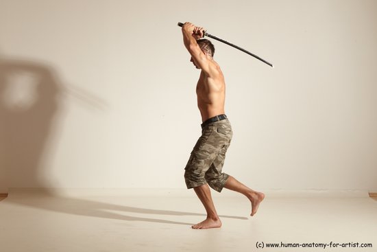 Fighting with sword Man White Moving poses Muscular Short Brown Dynamic poses Academic