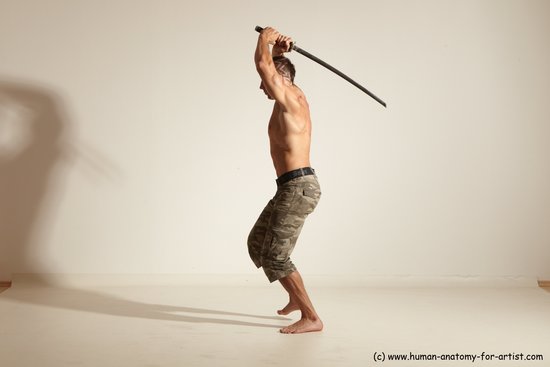 Fighting with sword Man White Moving poses Muscular Short Brown Dynamic poses Academic